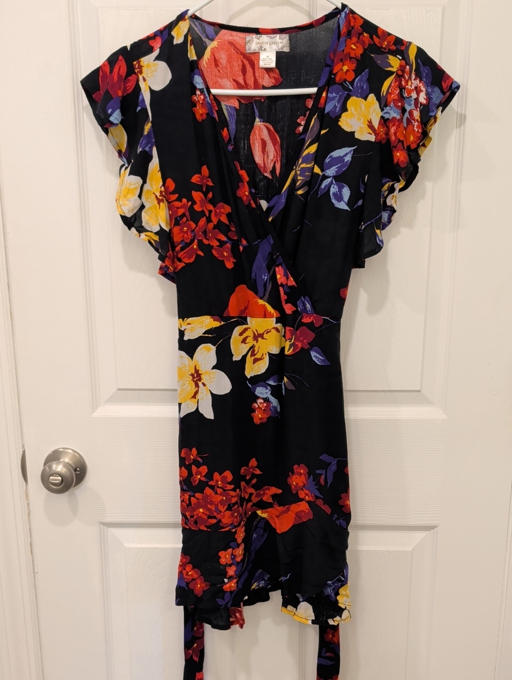 Band of Gypsies Black Floral Wrap Mini Dress with Red, Yellow & Purple Blooms
